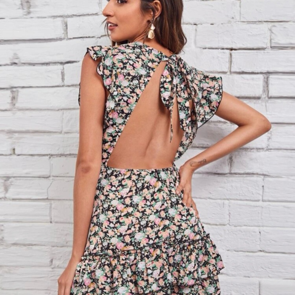 Shein tie open back ruffle armhole allover floral print dress size s